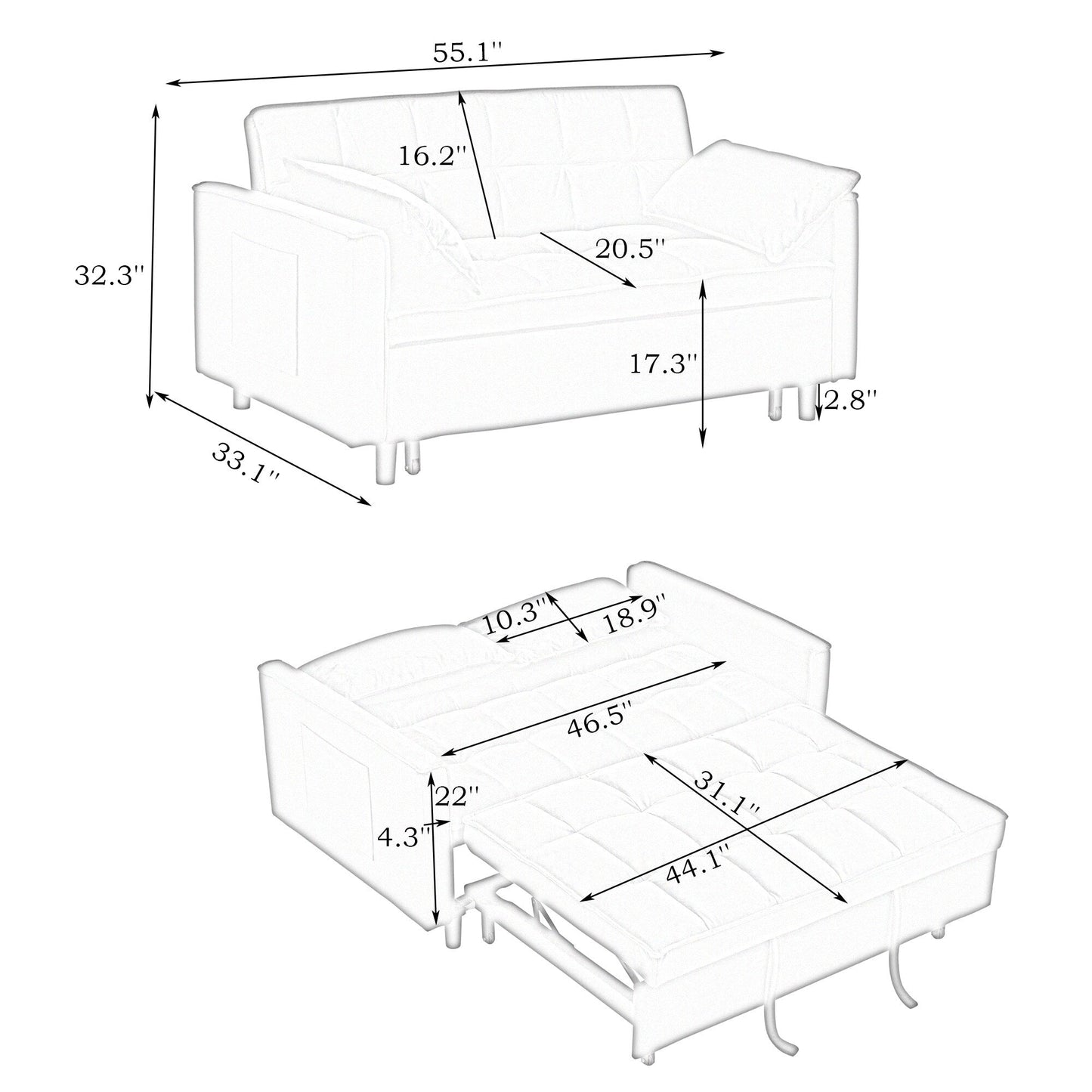 Modern velvet sofa,sofa pull-out bed,love seat casual sofa with back,with pillow, pockets,3 in 1 convertible sleep sofa bed