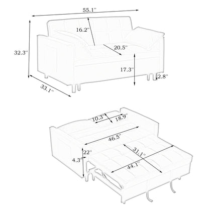 Modern velvet sofa,sofa pull-out bed,love seat casual sofa with back,with pillow, pockets,3 in 1 convertible sleep sofa bed