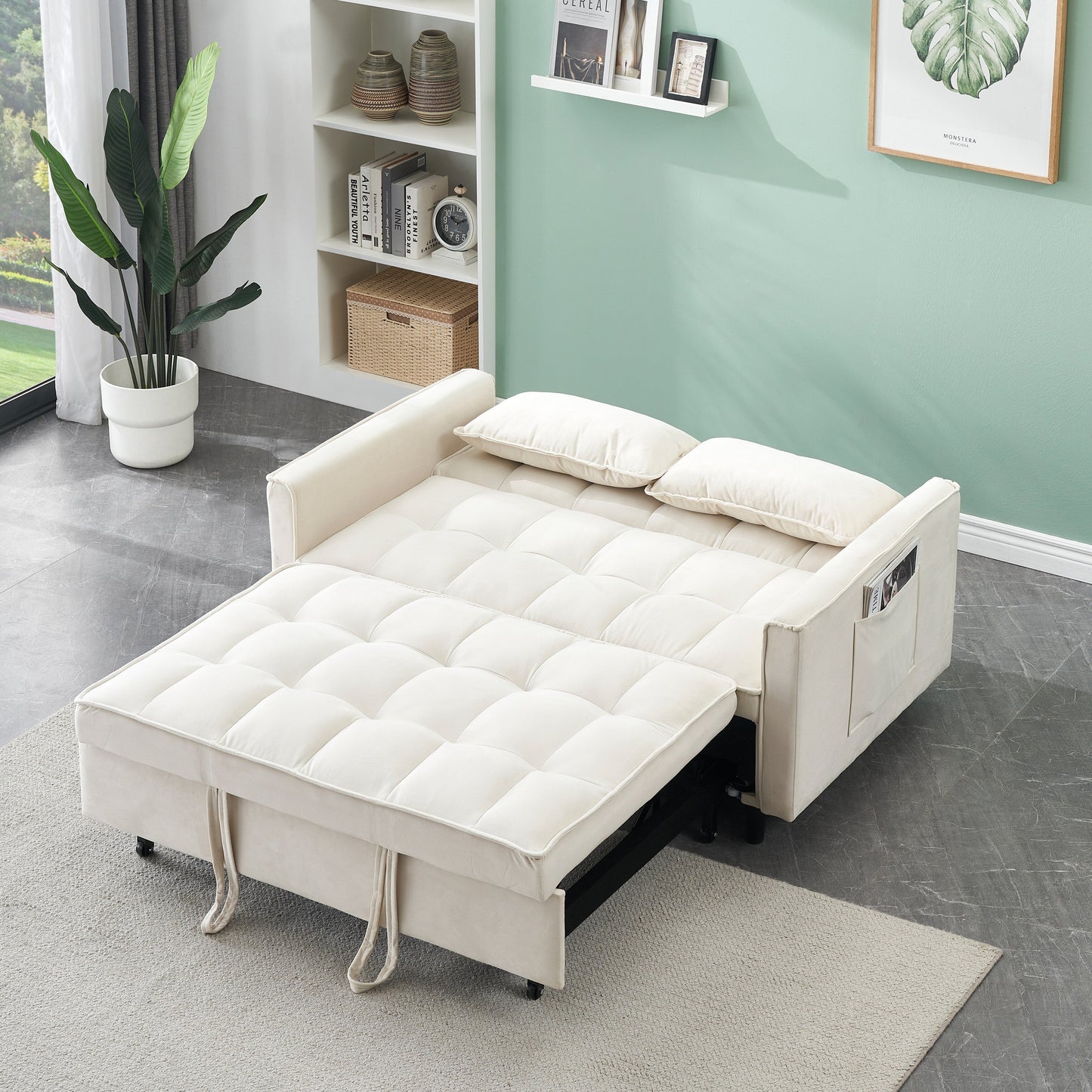 Modern velvet sofa,sofa pull-out bed,love seat casual sofa with back,with pillow, pockets,3 in 1 convertible sleep sofa bed