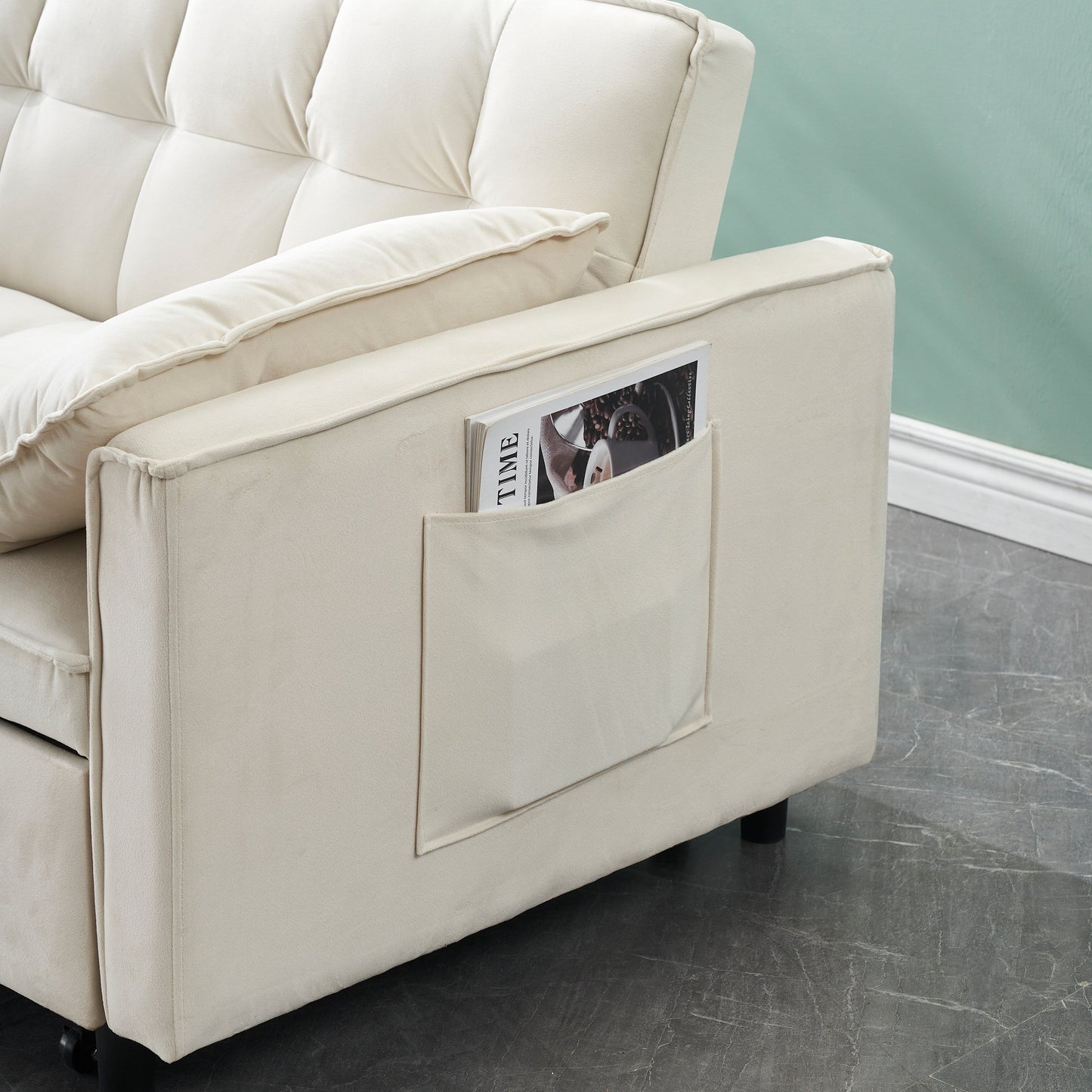 Modern velvet sofa,sofa pull-out bed,love seat casual sofa with back,with pillow, pockets,3 in 1 convertible sleep sofa bed