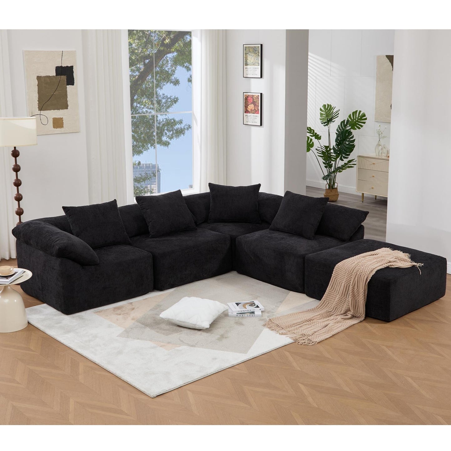 Modular 5-Piece Sectional Sofa Convertible Sleeper Couch with Ottoman and Pillows for Living Room