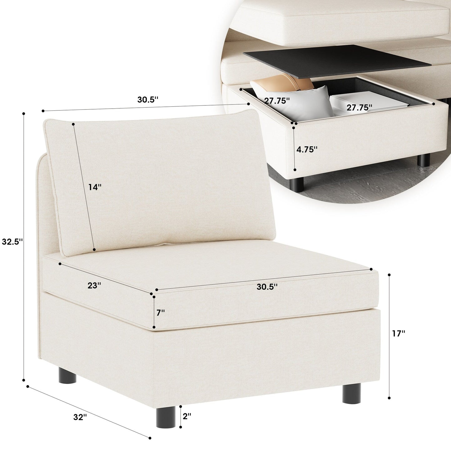 Modular Armless Fabric Sofa Seat Convertible Sectional Piece with Hidden Storage for Living Room