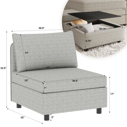 Modular Armless Fabric Sofa Seat Convertible Sectional Piece with Hidden Storage for Living Room