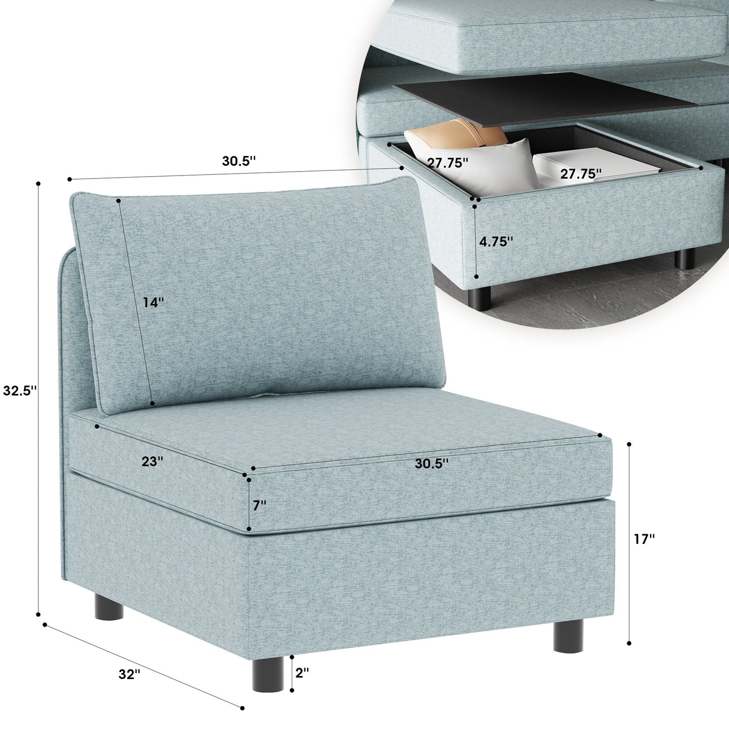 Modular Armless Fabric Sofa Seat Convertible Sectional Piece with Hidden Storage for Living Room