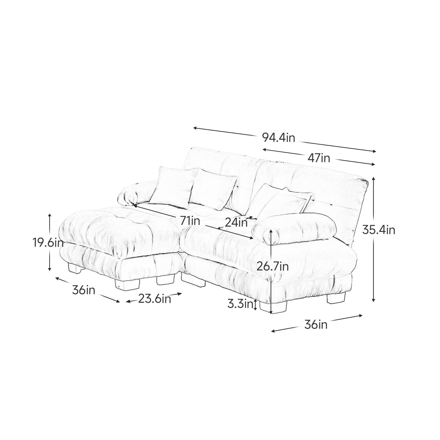 Modular Chenille 2-Seat Cloud Couch Sectional Sofa with Convertible Ottoman and Lumbar Pillows for Living Room