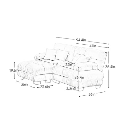 Modular Chenille 2-Seat Cloud Couch Sectional Sofa with Convertible Ottoman and Lumbar Pillows for Living Room