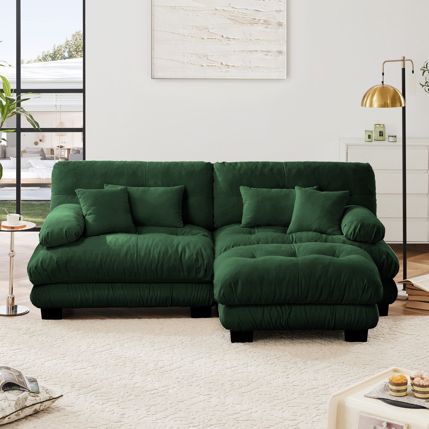 Modular Chenille 2-Seat Cloud Couch Sectional Sofa with Convertible Ottoman and Lumbar Pillows for Living Room