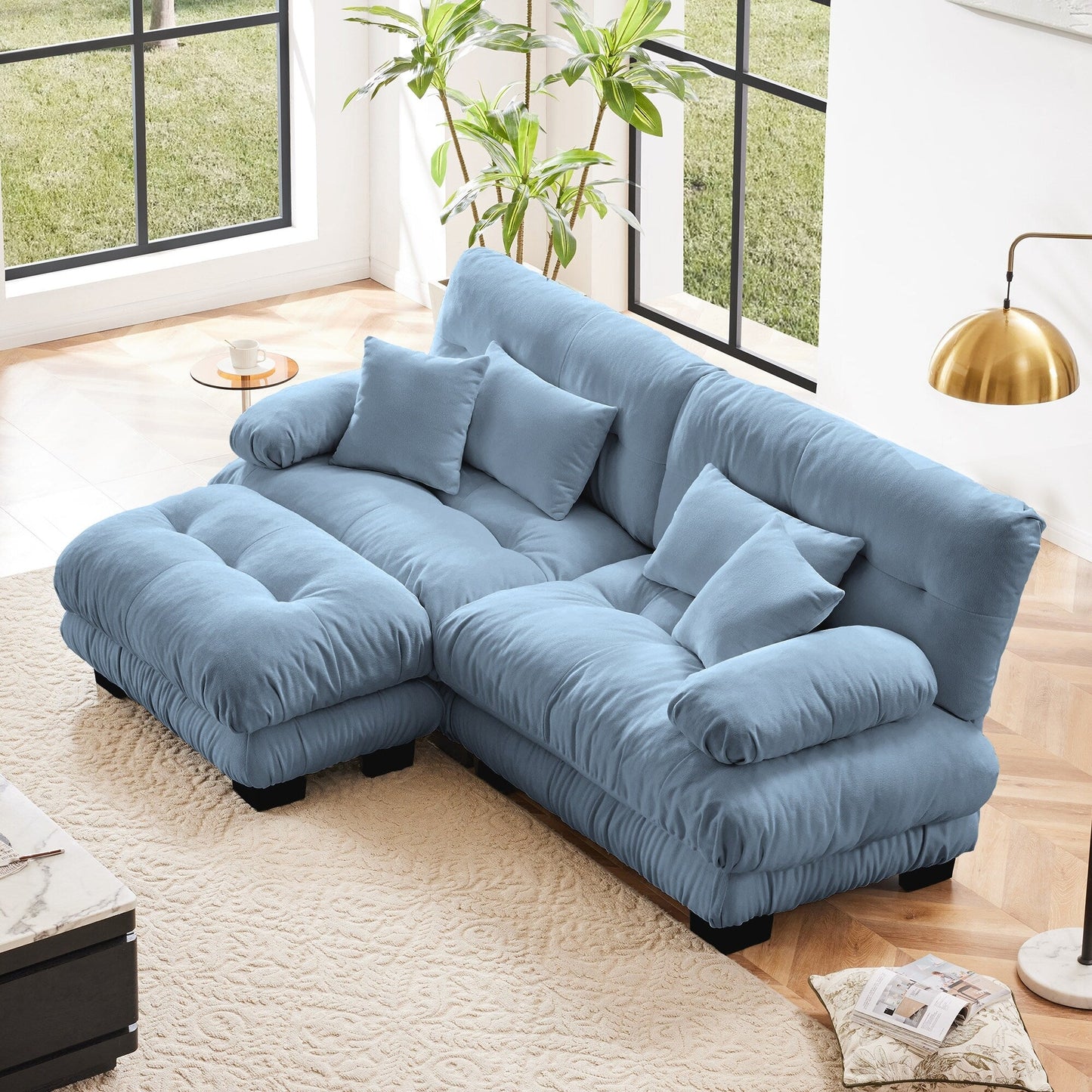 Modular Chenille 2-Seat Cloud Couch Sectional Sofa with Convertible Ottoman and Lumbar Pillows for Living Room