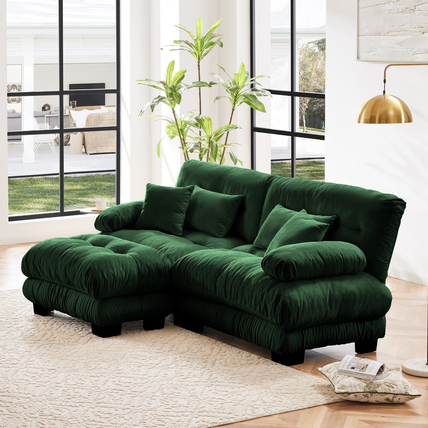 Modular Chenille 2-Seat Cloud Couch Sectional Sofa with Convertible Ottoman and Lumbar Pillows for Living Room