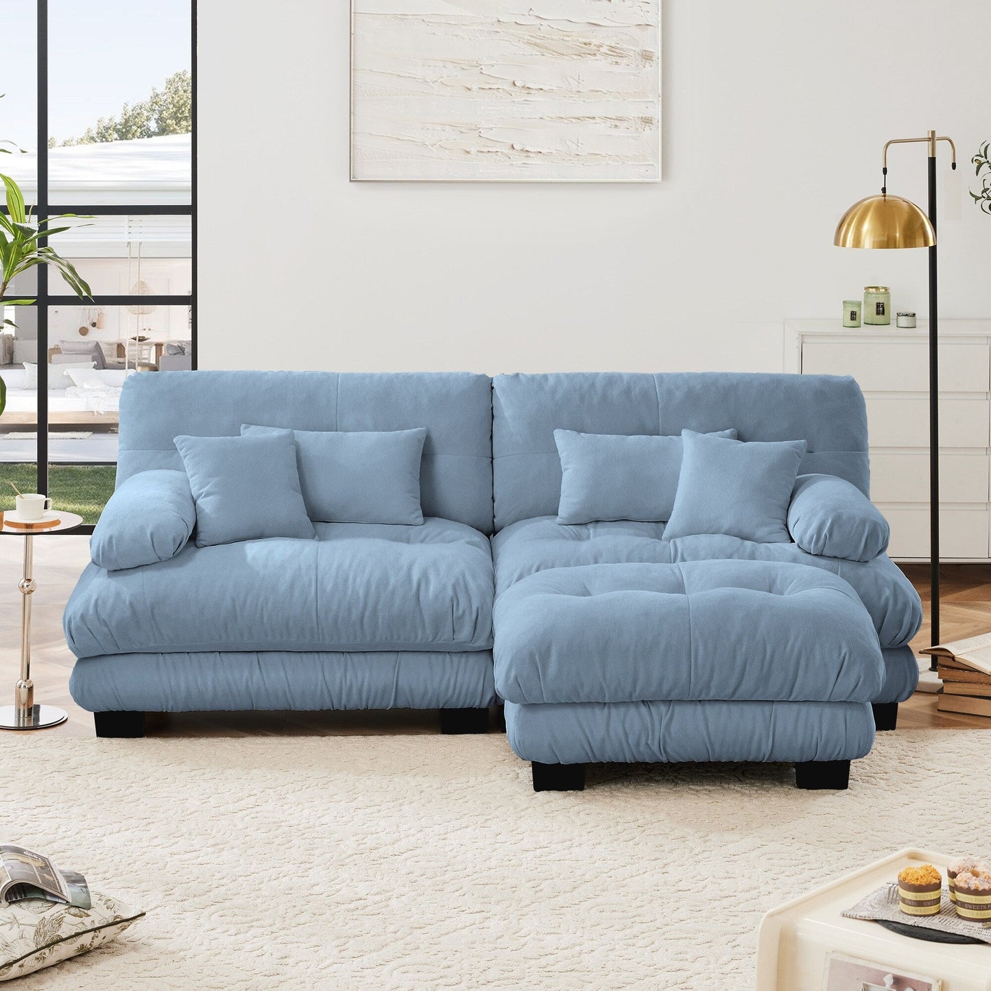 Modular Chenille 2-Seat Cloud Couch Sectional Sofa with Convertible Ottoman and Lumbar Pillows for Living Room