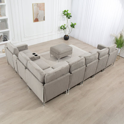 Modular Corduroy Sectional Sofa Convertible 6-Seat Couch with USB Ports, Storage Ottomans and Cup Holder for Living Room