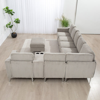 Modular Corduroy Sectional Sofa Convertible 6-Seat Couch with USB Ports, Storage Ottomans and Cup Holder for Living Room