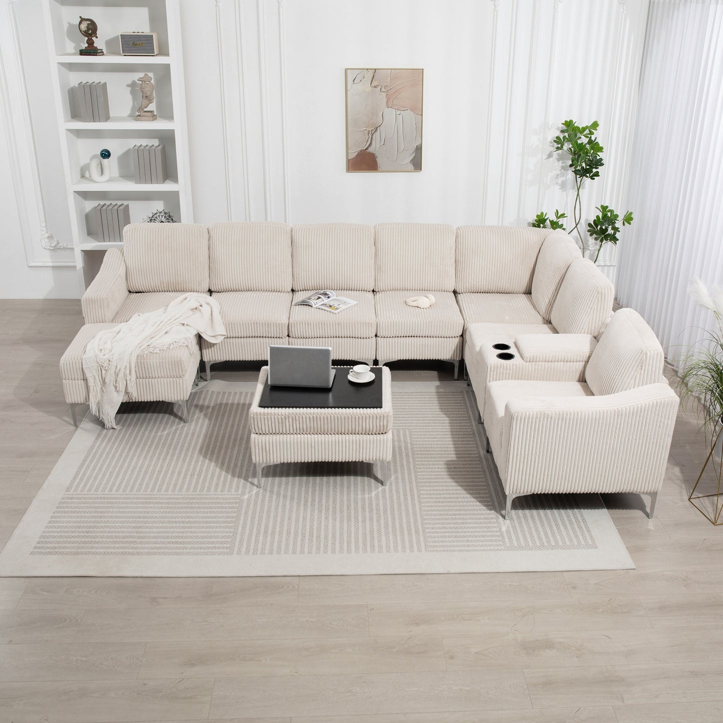 Modular Corduroy Sectional Sofa Convertible 6-Seat Couch with USB Ports, Storage Ottomans and Cup Holder for Living Room