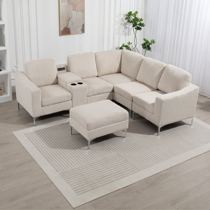 Modular L-Shaped Corduroy Sectional Sofa with USB Ports, Storage Ottoman and Cup Holders for Living Room Apartment