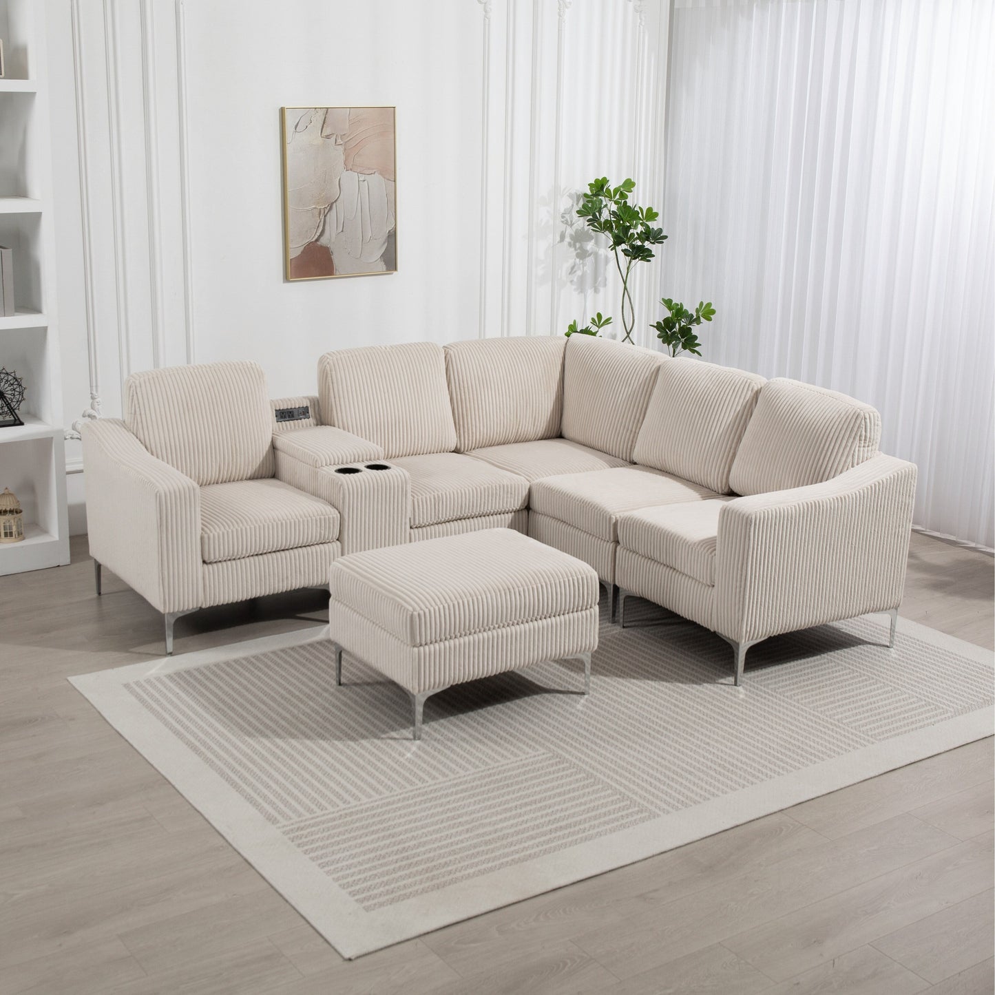 Modular L-Shaped Corduroy Sectional Sofa with USB Ports, Storage Ottoman and Cup Holders for Living Room Apartment