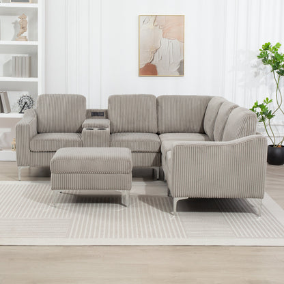 Modular L-Shaped Corduroy Sectional Sofa with USB Ports, Storage Ottoman and Cup Holders for Living Room Apartment