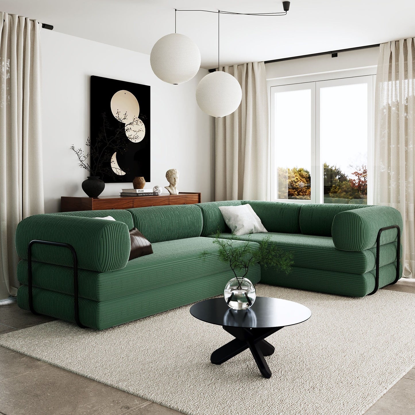 Modular L-Shaped Corduroy Sofa Bed Convertible Sectional 4-Seat Sofa with Wedge Cushions For Living Room Apartment