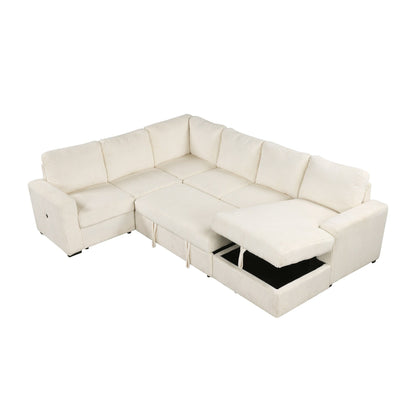 Modular U-Shaped Corduroy Sofa Bed 6-Seater Convertible Sectional with Storage Chaise and USB Ports for Living Room