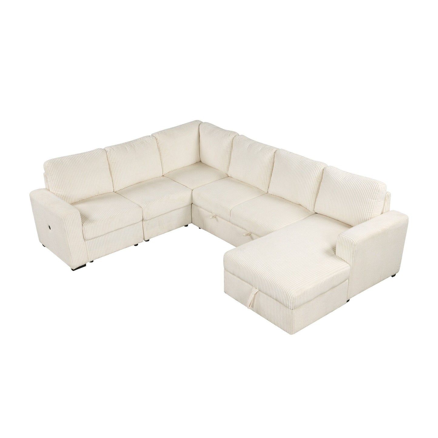 Modular U-Shaped Corduroy Sofa Bed 6-Seater Convertible Sectional with Storage Chaise and USB Ports for Living Room