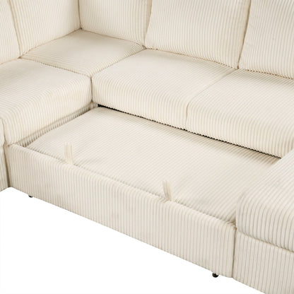 Modular U-Shaped Corduroy Sofa Bed 6-Seater Convertible Sectional with Storage Chaise and USB Ports for Living Room