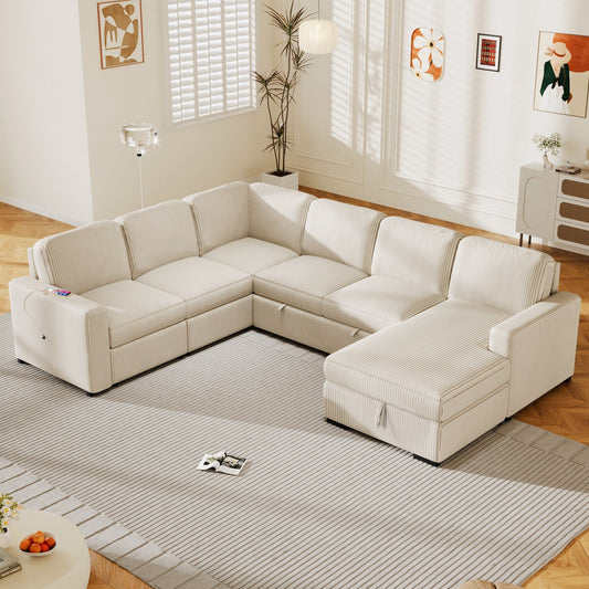 Modular U-Shaped Corduroy Sofa Bed 6-Seater Convertible Sectional with Storage Chaise and USB Ports for Living Room