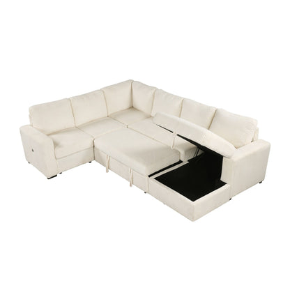 Modular U-Shaped Corduroy Sofa Bed 6-Seater Convertible Sectional with Storage Chaise and USB Ports for Living Room