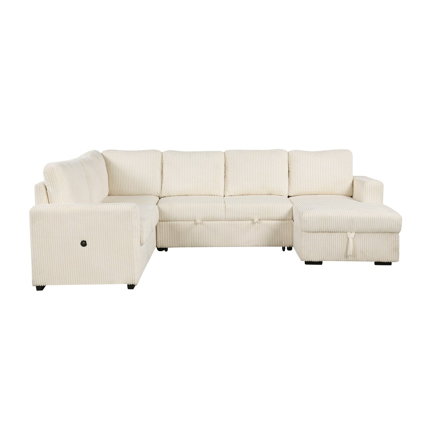 Modular U-Shaped Corduroy Sofa Bed 6-Seater Convertible Sectional with Storage Chaise and USB Ports for Living Room
