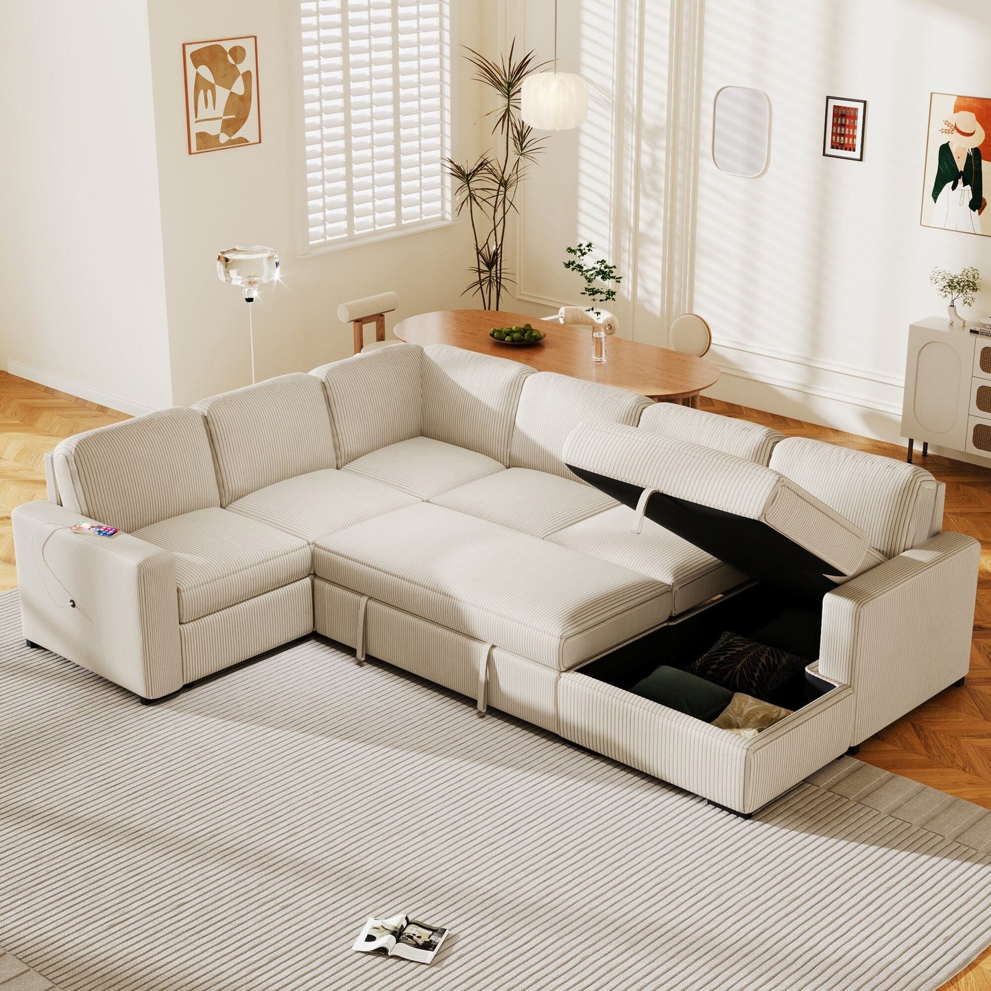 Modular U-Shaped Corduroy Sofa Bed 6-Seater Convertible Sectional with Storage Chaise and USB Ports for Living Room
