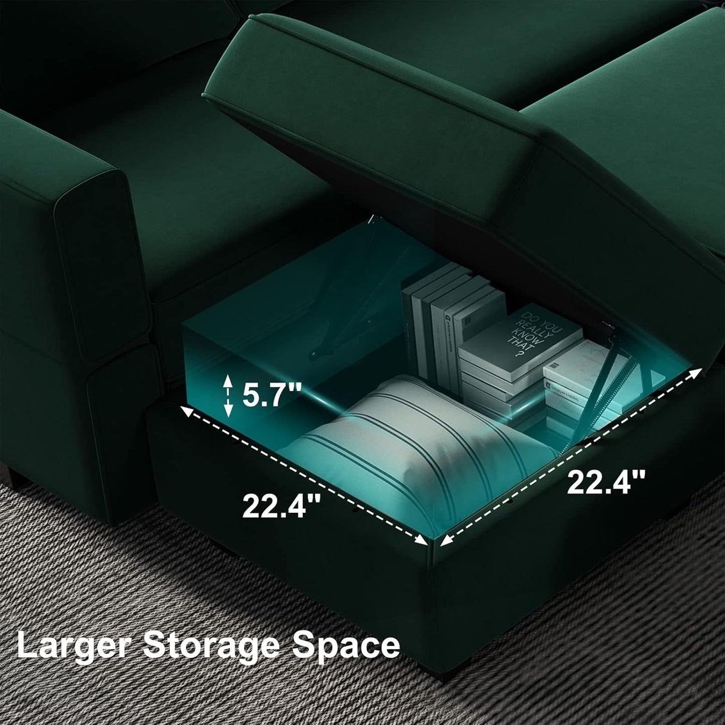 Modular Velvet Sectional Sofa with Chaise Lounge - Sleeper Sofa with Storage Chaise Bed for Living Room, Green
