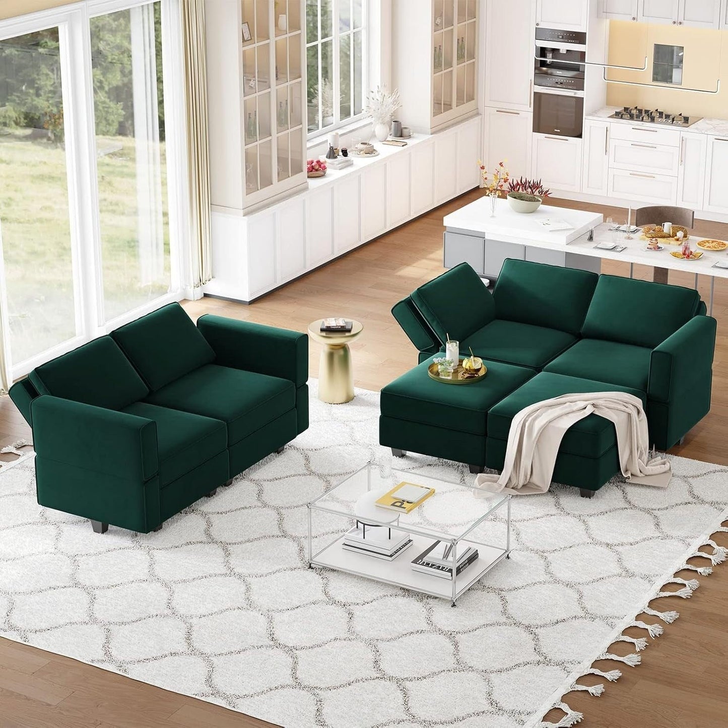 Modular Velvet Sectional Sofa with Chaise Lounge - Sleeper Sofa with Storage Chaise Bed for Living Room, Green
