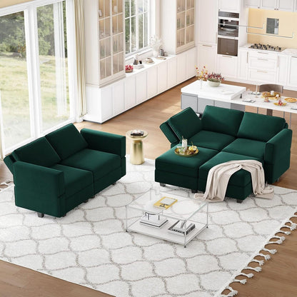 Modular Velvet Sectional Sofa with Chaise Lounge - Sleeper Sofa with Storage Chaise Bed for Living Room, Green