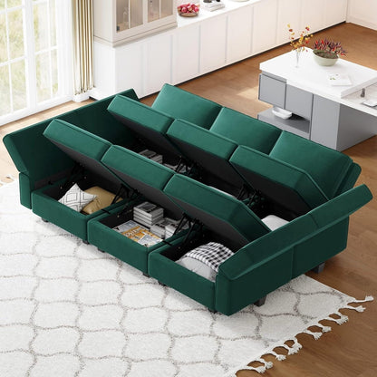 Modular Velvet Sectional Sofa with Chaise Lounge - Sleeper Sofa with Storage Chaise Bed for Living Room, Green