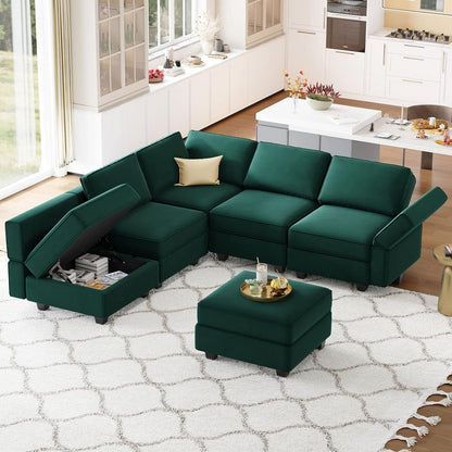 Modular Velvet Sectional Sofa with Chaise Lounge - Sleeper Sofa with Storage Chaise Bed for Living Room, Green