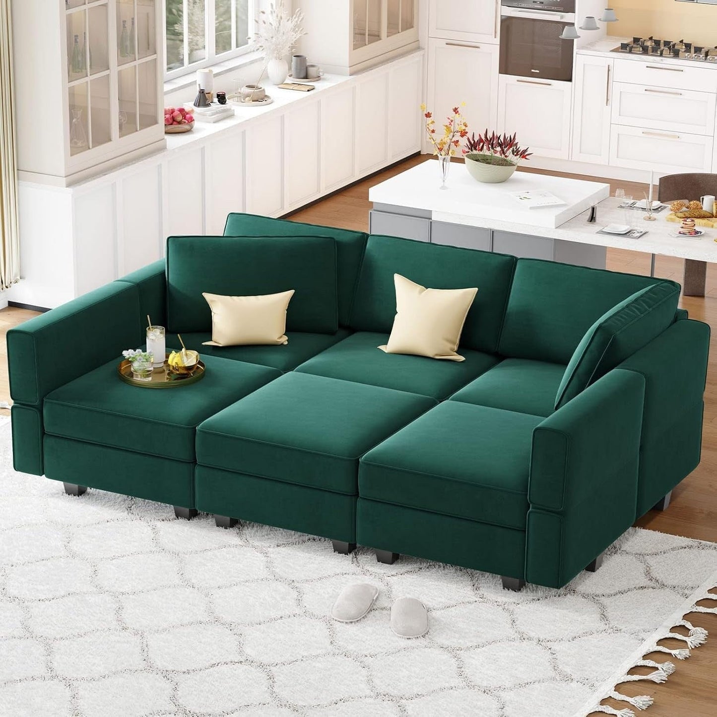 Modular Velvet Sectional Sofa with Chaise Lounge - Sleeper Sofa with Storage Chaise Bed for Living Room, Green