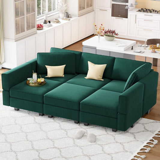 Modular Velvet Sectional Sofa with Chaise Lounge - Sleeper Sofa with Storage Chaise Bed for Living Room, Green