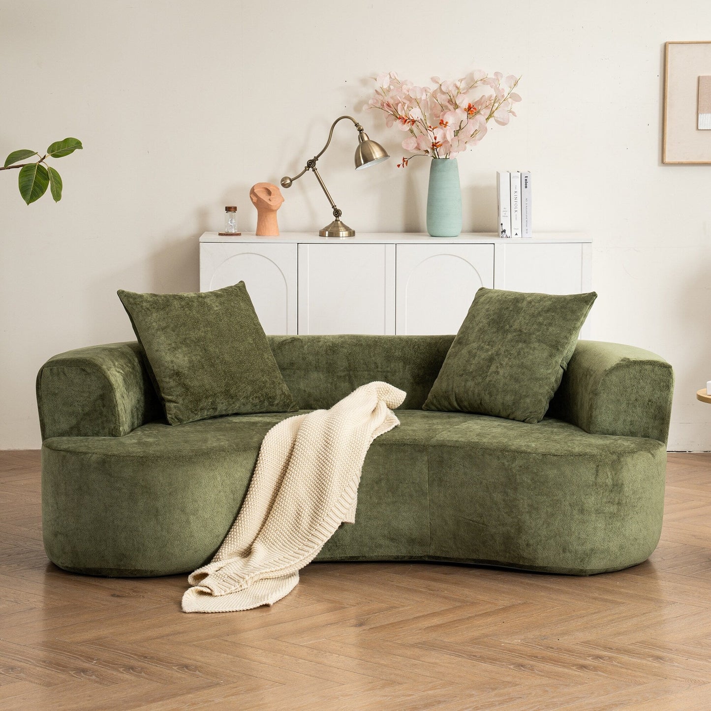 Moon shaped sofa, modern sleeper cat waist sofa with deep seat, non assembly sponge compression sofa (Green chenille fabric )