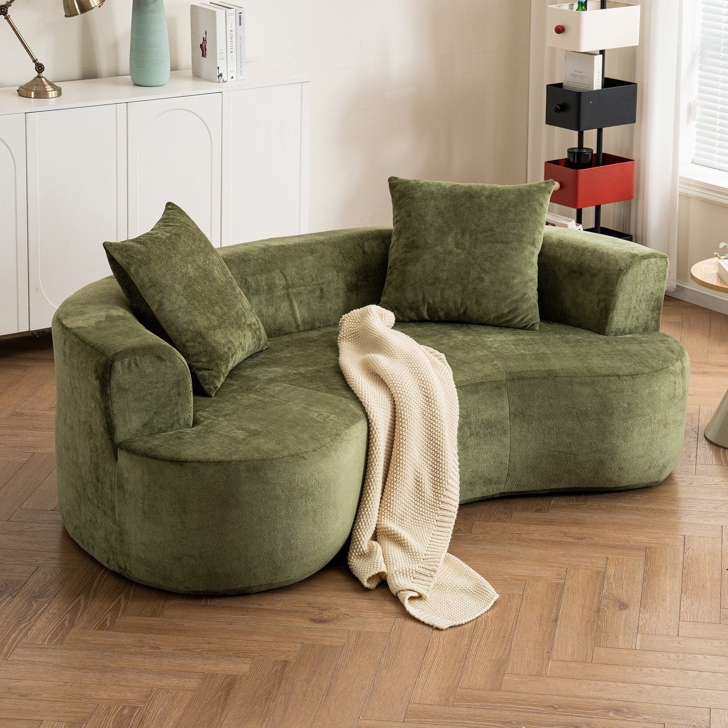 Moon shaped sofa, modern sleeper cat waist sofa with deep seat, non assembly sponge compression sofa (Green chenille fabric )