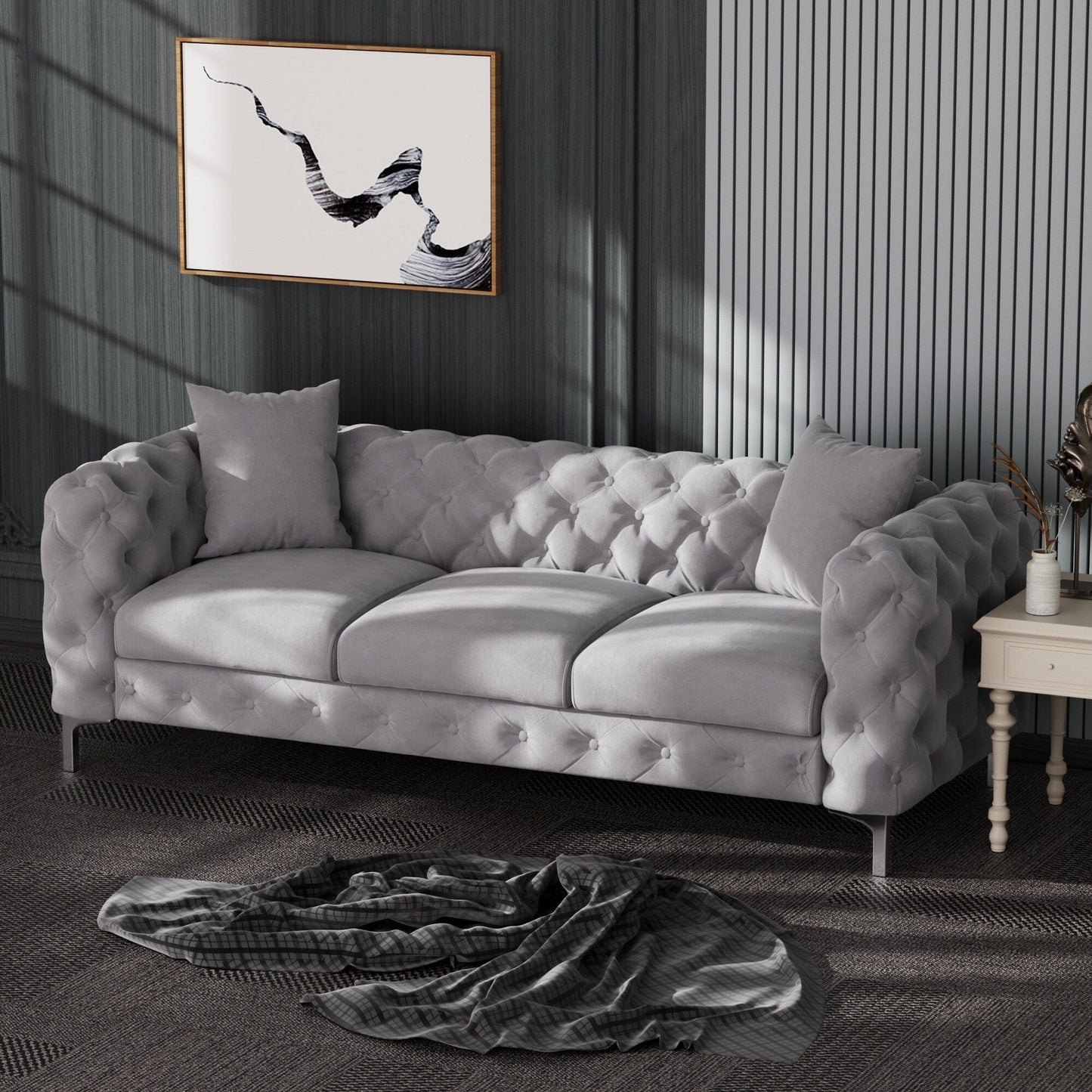 Morden Fort Modern Velvet Sofa with Button Tufted,Solid Wood Frame and Iron Legs