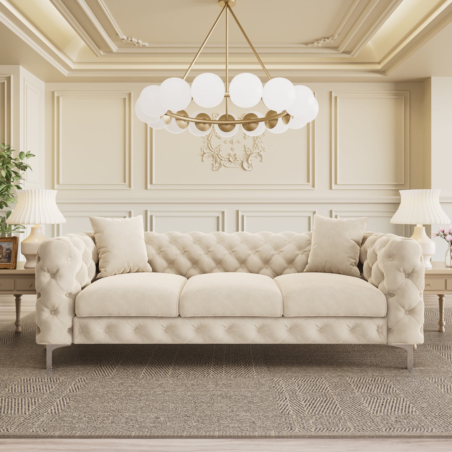 Morden Fort Modern Velvet Sofa with Button Tufted,Solid Wood Frame and Iron Legs