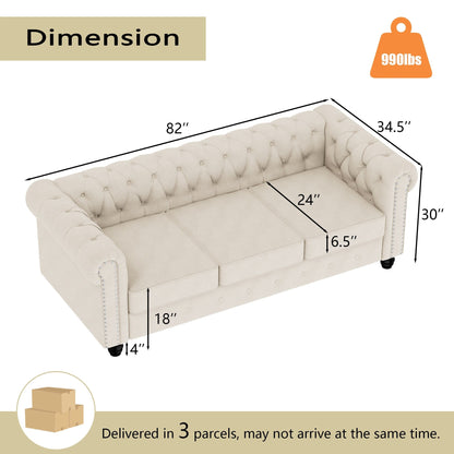 Morden Fort Velvet Upholstered Chesterfield Sofa with Nailhead and Solid Legs for Living Room