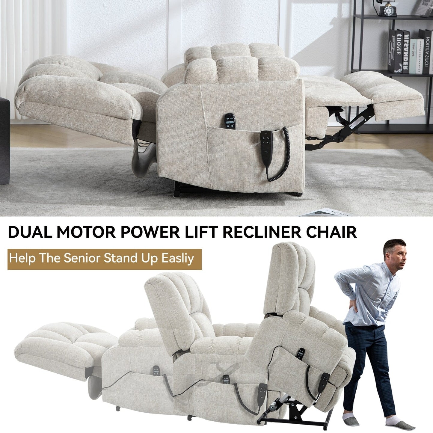 Motor Heat Massage Infinite Position Up to 350 LBS Electric Power Lift Recliners with Power-Remote, Medium-firm and Heavy Duty