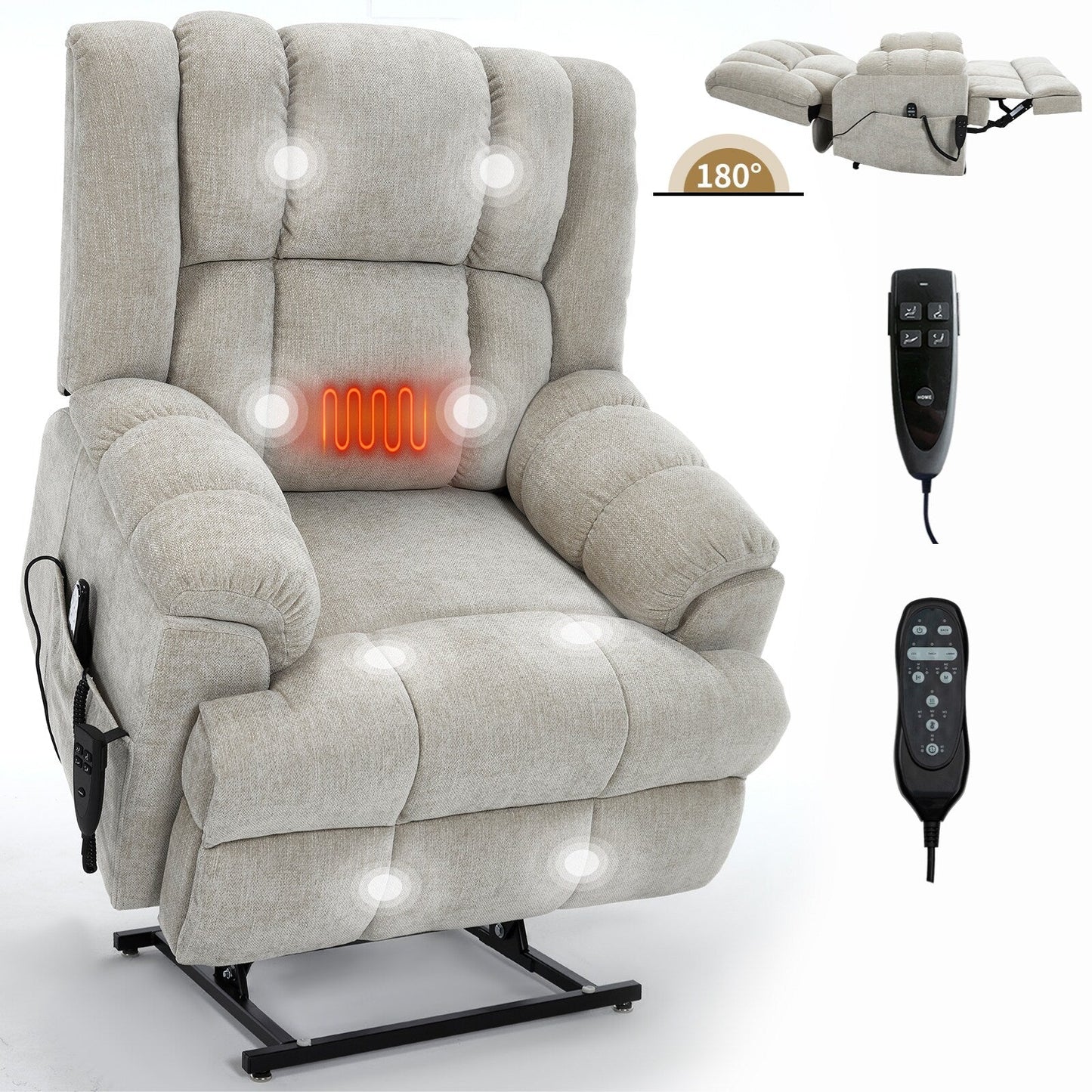 Motor Heat Massage Infinite Position Up to 350 LBS Electric Power Lift Recliners with Power-Remote, Medium-firm and Heavy Duty
