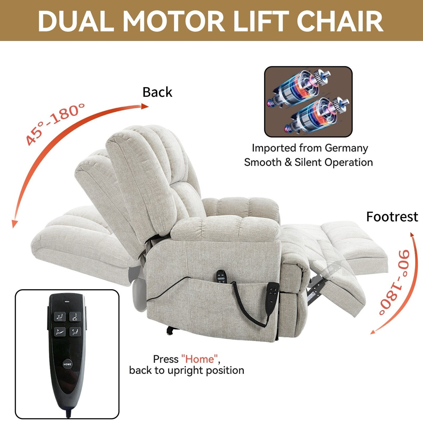 Motor Heat Massage Infinite Position Up to 350 LBS Electric Power Lift Recliners with Power-Remote, Medium-firm and Heavy Duty