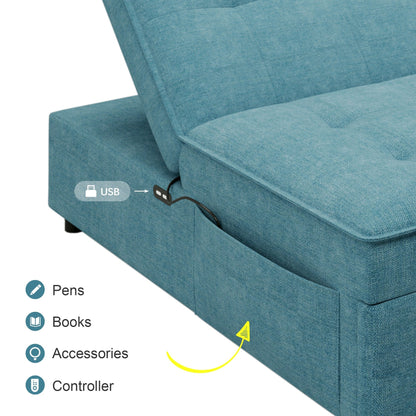 Multi-Function 72.5 4-in-1 Linen Ottoman Sofa Bed with Storage Pocket and USB Port for Living Room