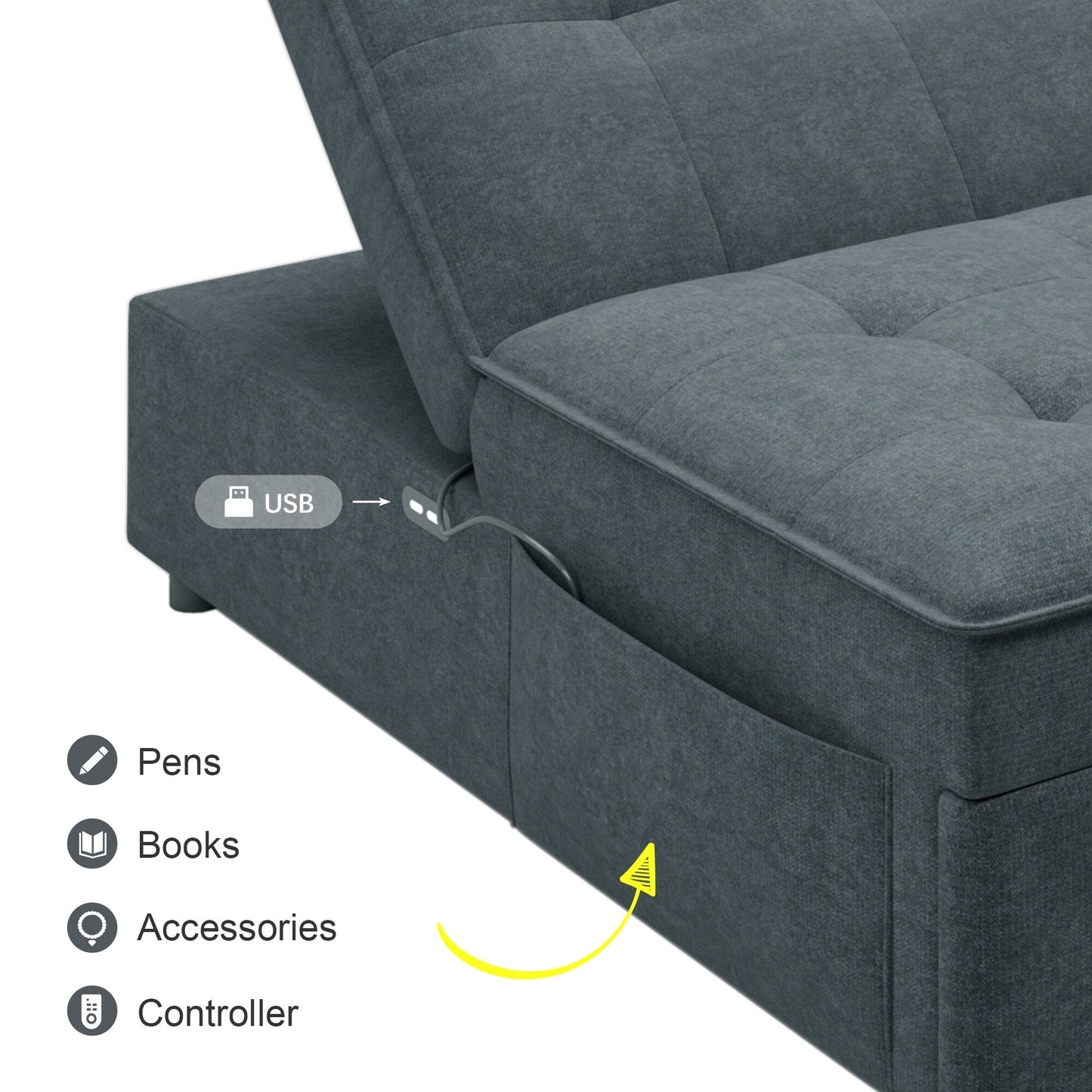 Multi-Function 72.5 4-in-1 Linen Ottoman Sofa Bed with Storage Pocket and USB Port for Living Room