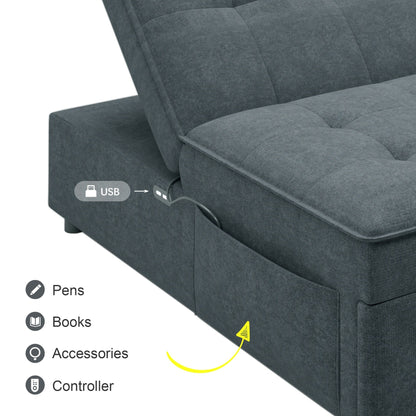 Multi-Function 72.5 4-in-1 Linen Ottoman Sofa Bed with Storage Pocket and USB Port for Living Room