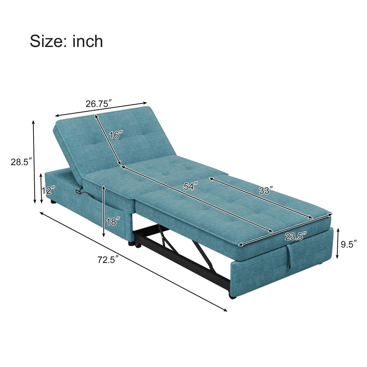 Multi-Function 72.5 4-in-1 Linen Ottoman Sofa Bed with Storage Pocket and USB Port for Living Room