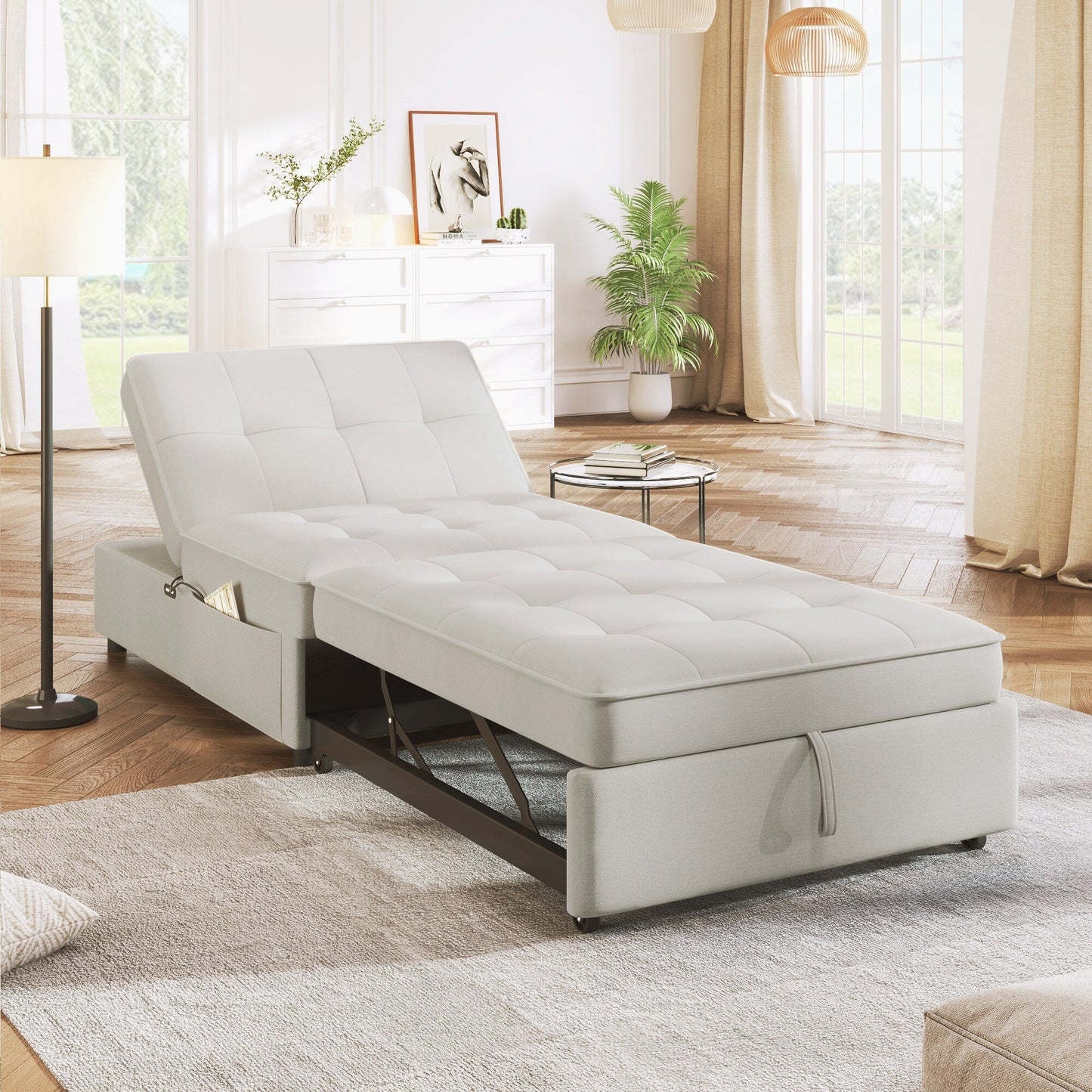 Multi-Function 72.5 4-in-1 Linen Ottoman Sofa Bed with Storage Pocket and USB Port for Living Room