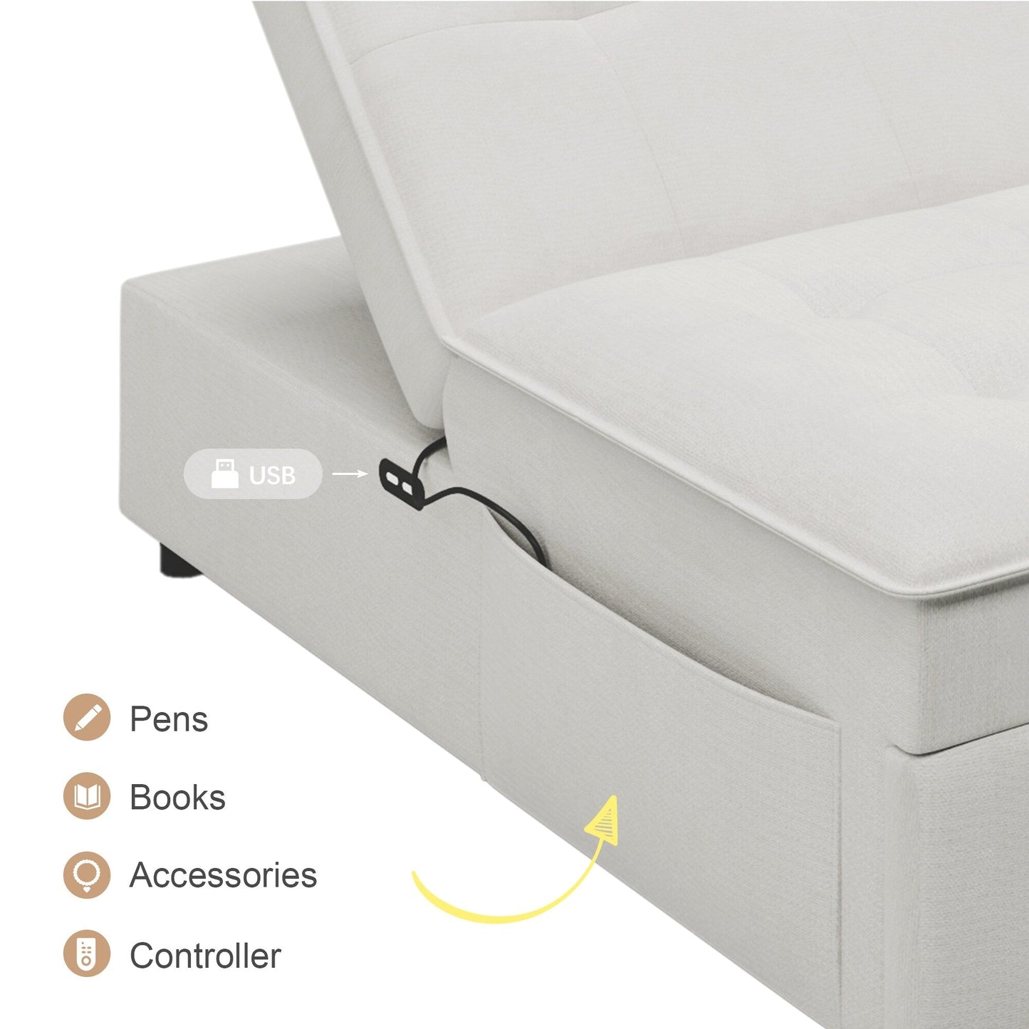Multi-Function 72.5 4-in-1 Linen Ottoman Sofa Bed with Storage Pocket and USB Port for Living Room