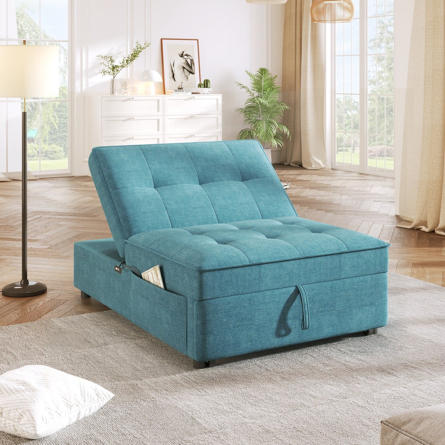 Multi-Function 72.5 4-in-1 Linen Ottoman Sofa Bed with Storage Pocket and USB Port for Living Room